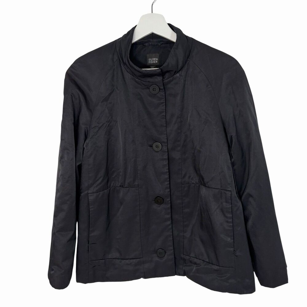 EILEEN FISHER Shiny Black Fleece Lined Jacket Medium Button Front R8PF-2